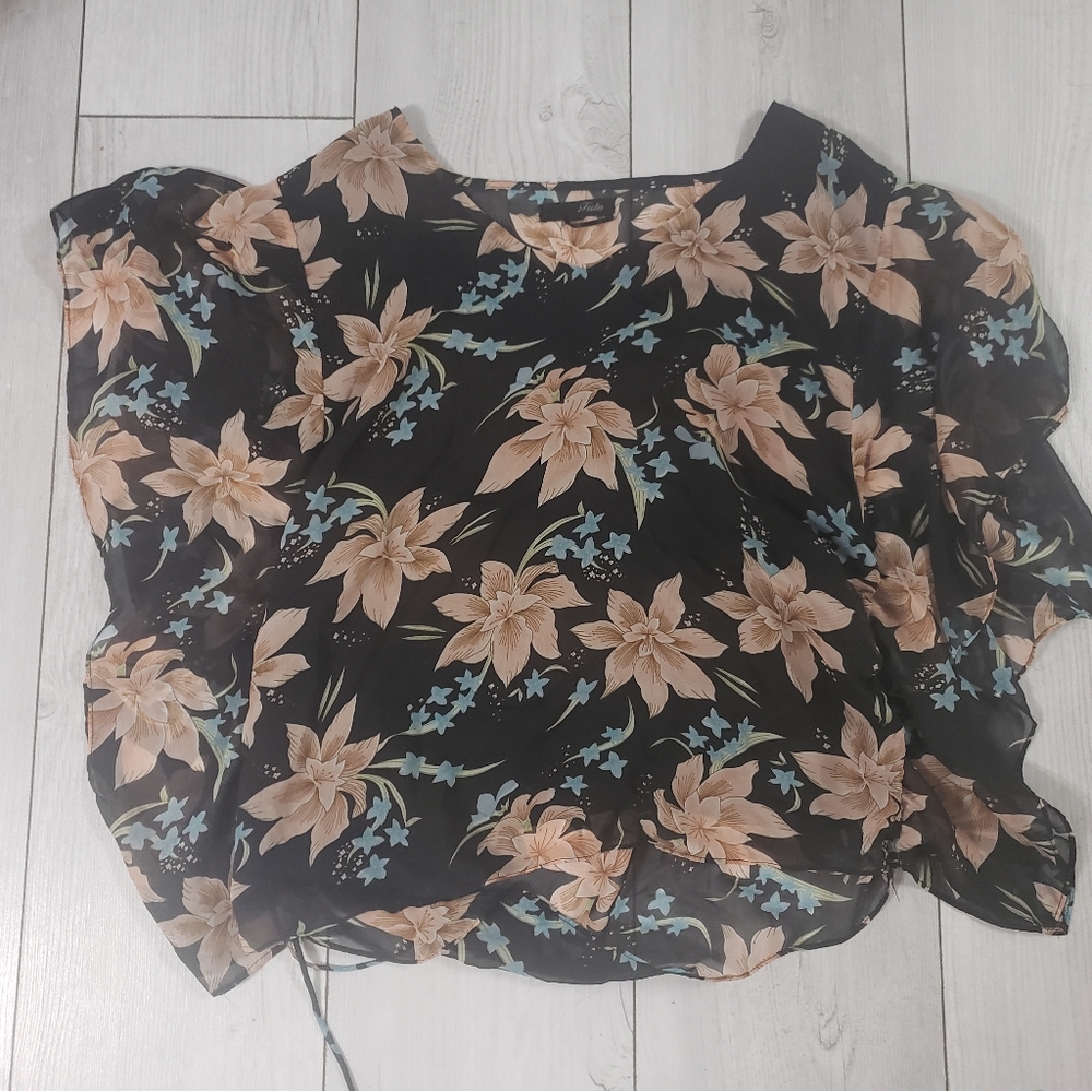 Womens sheer work casual summer blouse pink blue floral ruffle side tie